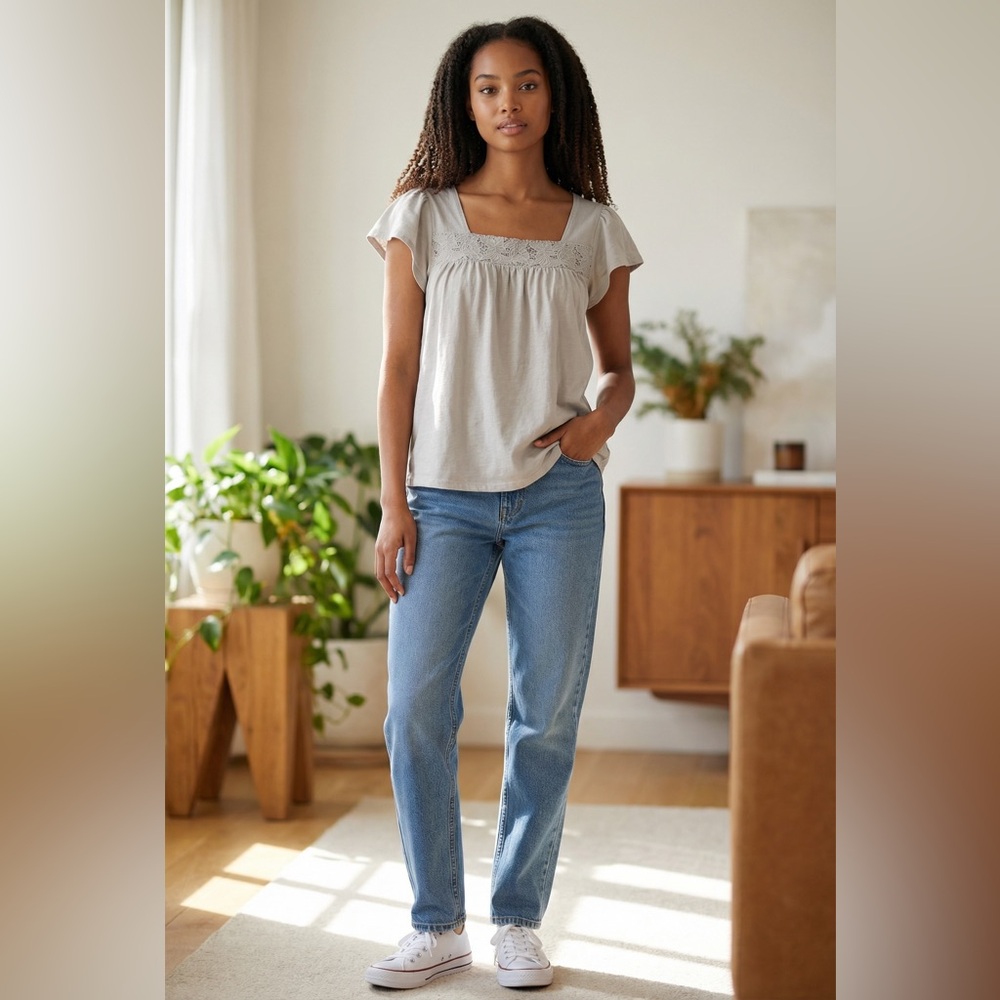 Lucky Brand Lace Yoke Flutter Sleeve Top | Light Blue | Large | NWT